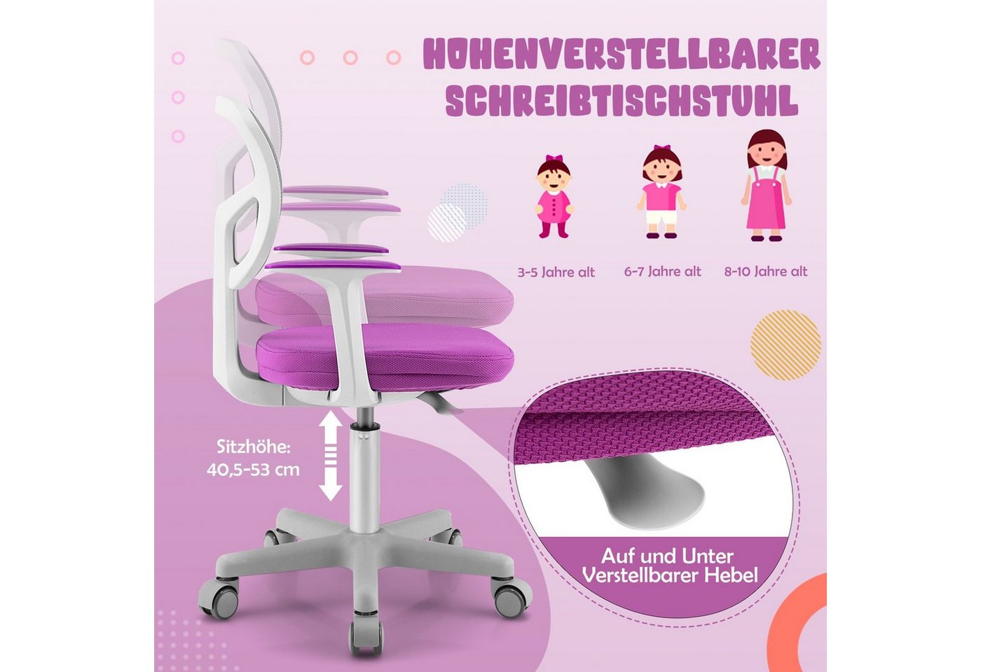COSTWAY Schreibtischstuhl Kinder, Drehstuhl höhenverstellbar, von 3-10 Jahre – Bild 2 von 5