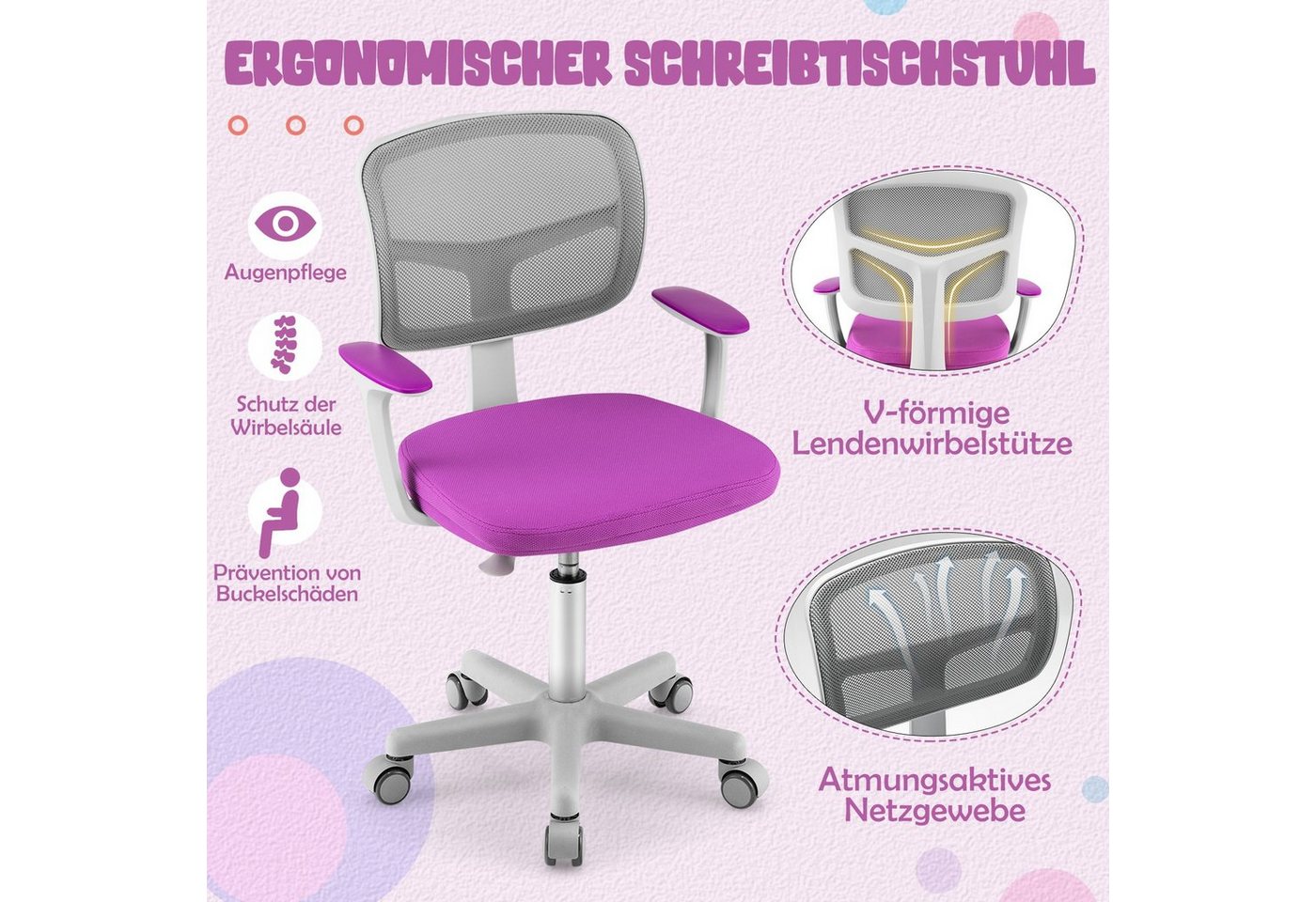 COSTWAY Schreibtischstuhl Kinder, Drehstuhl höhenverstellbar, von 3-10 Jahre – Bild 3 von 5
