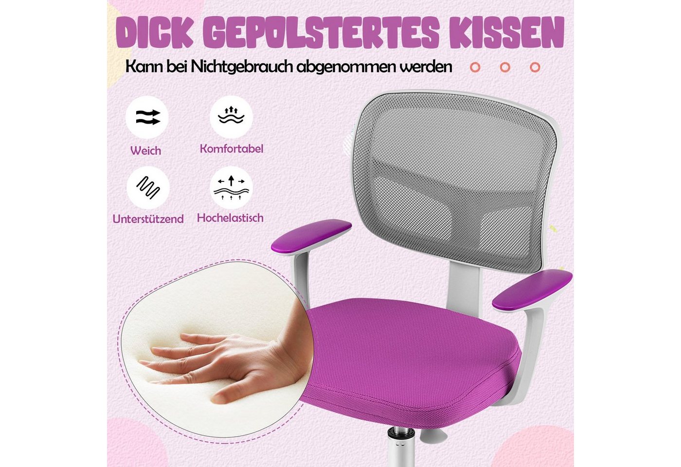 COSTWAY Schreibtischstuhl Kinder, Drehstuhl höhenverstellbar, von 3-10 Jahre – Bild 4 von 5