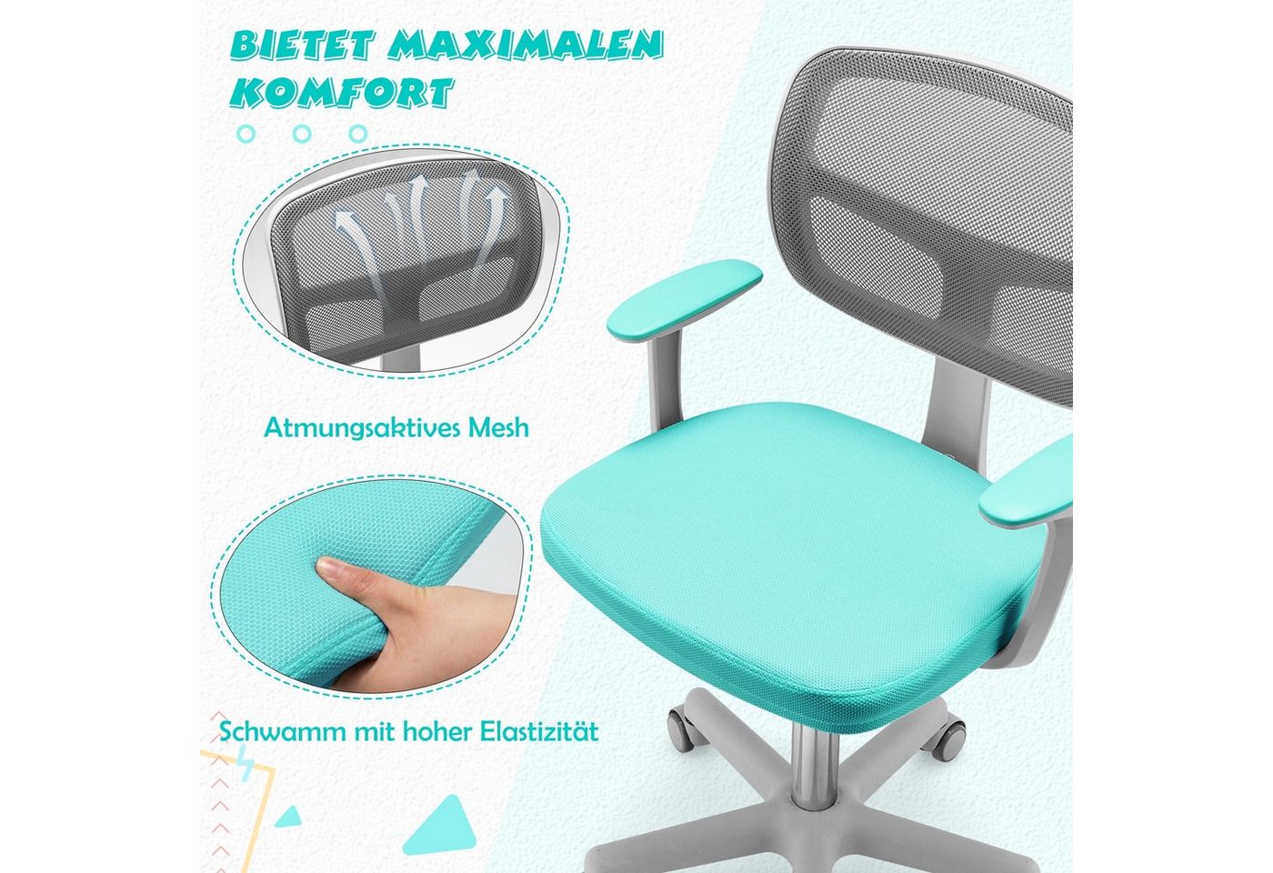 COSTWAY Schreibtischstuhl Kinder, Drehstuhl höhenverstellbar, von 3-10 Jahre – Bild 3 von 5