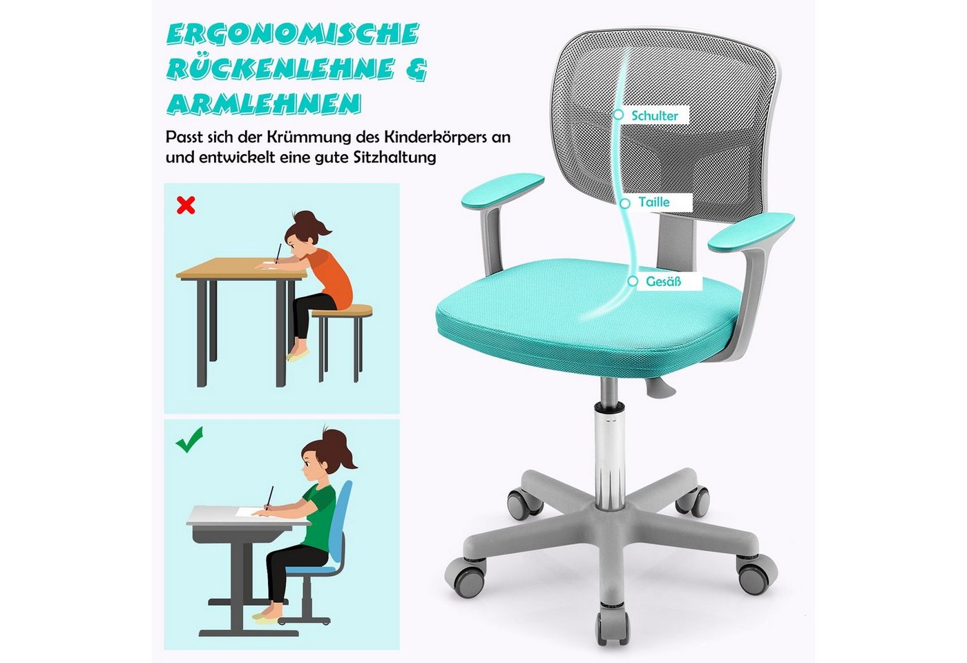 COSTWAY Schreibtischstuhl Kinder, Drehstuhl höhenverstellbar, von 3-10 Jahre – Bild 4 von 5