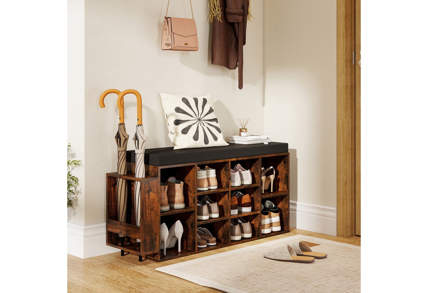 COSTWAY Schuhbank, mit Schirmhalter & gepolsterter Sitzfläche Schuhregal 110cm – Bild 2 von 5