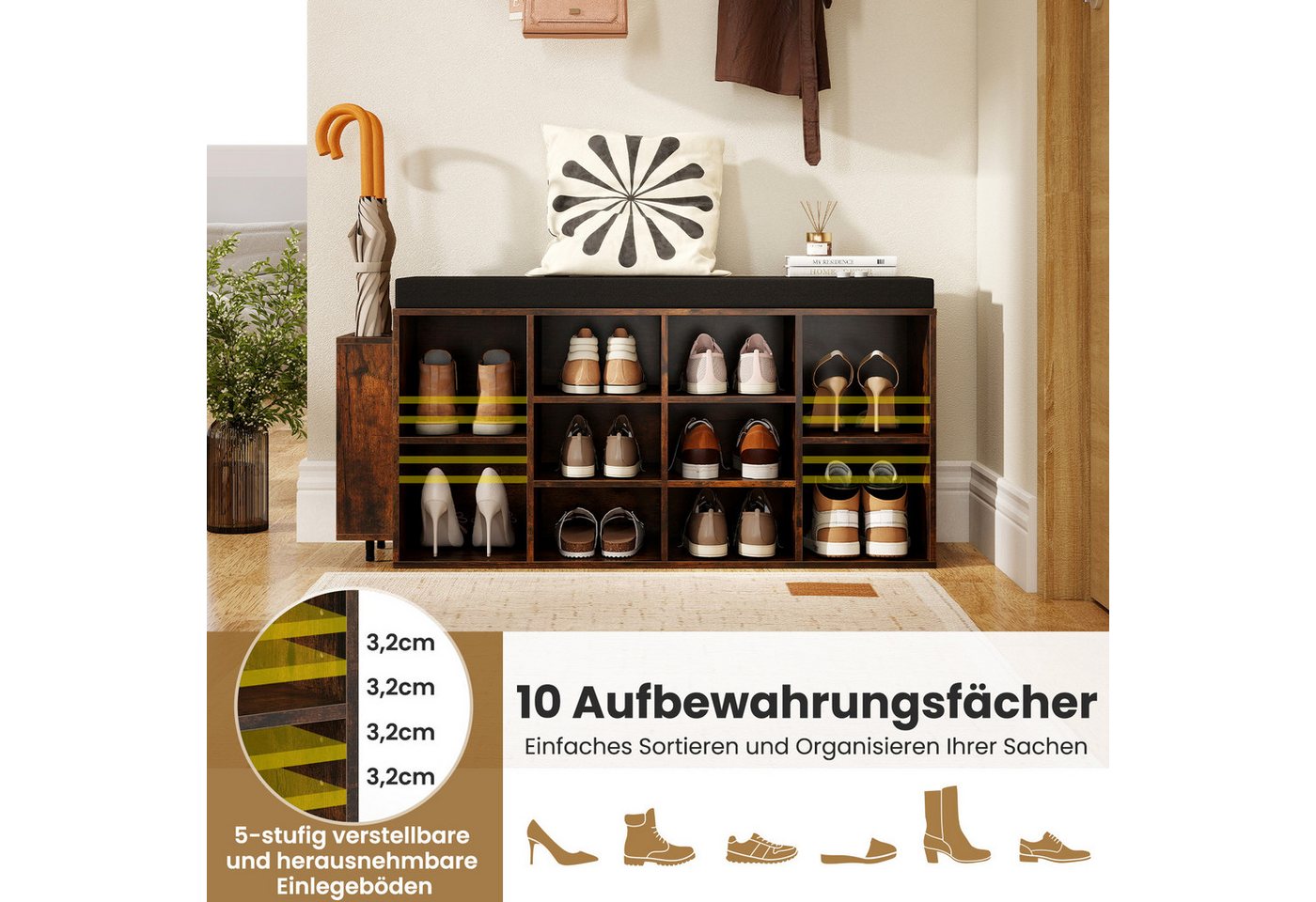 COSTWAY Schuhbank, mit Schirmhalter & gepolsterter Sitzfläche Schuhregal 110cm – Bild 3 von 5