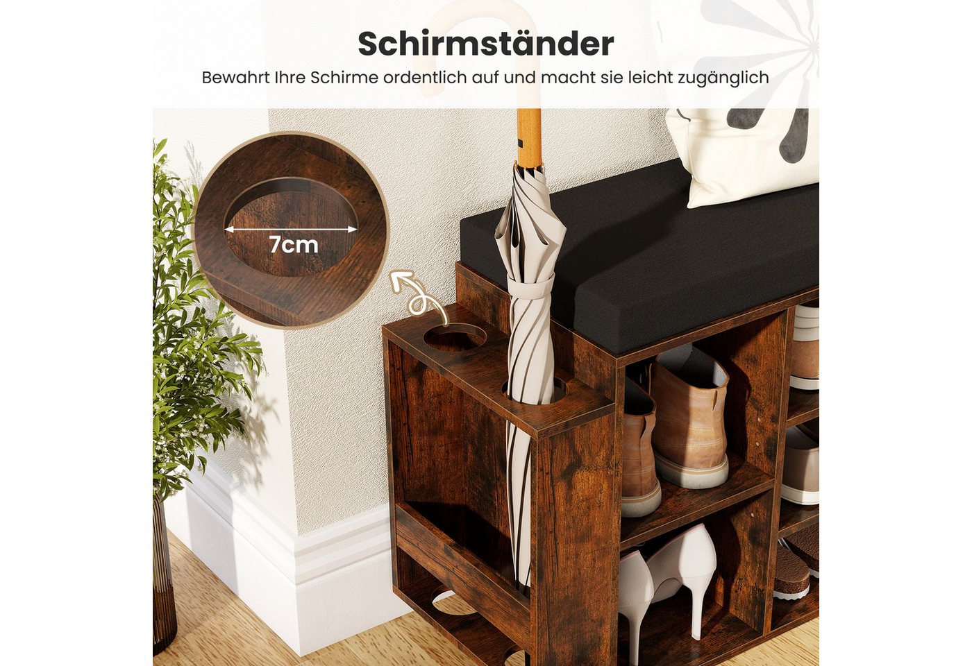 COSTWAY Schuhbank, mit Schirmhalter & gepolsterter Sitzfläche Schuhregal 110cm – Bild 4 von 5