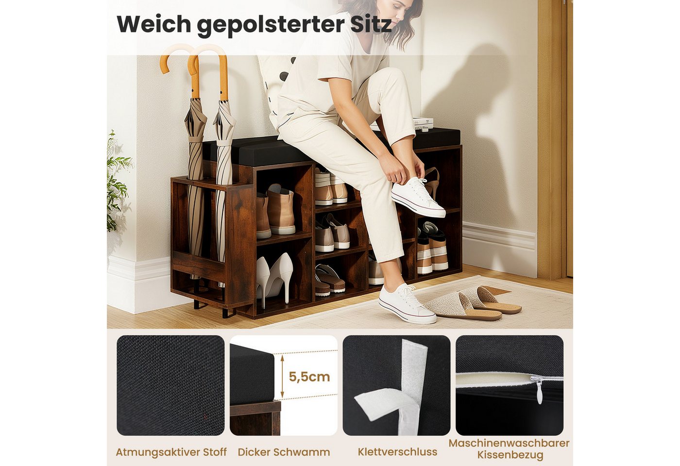 COSTWAY Schuhbank, mit Schirmhalter & gepolsterter Sitzfläche Schuhregal 110cm – Bild 5 von 5