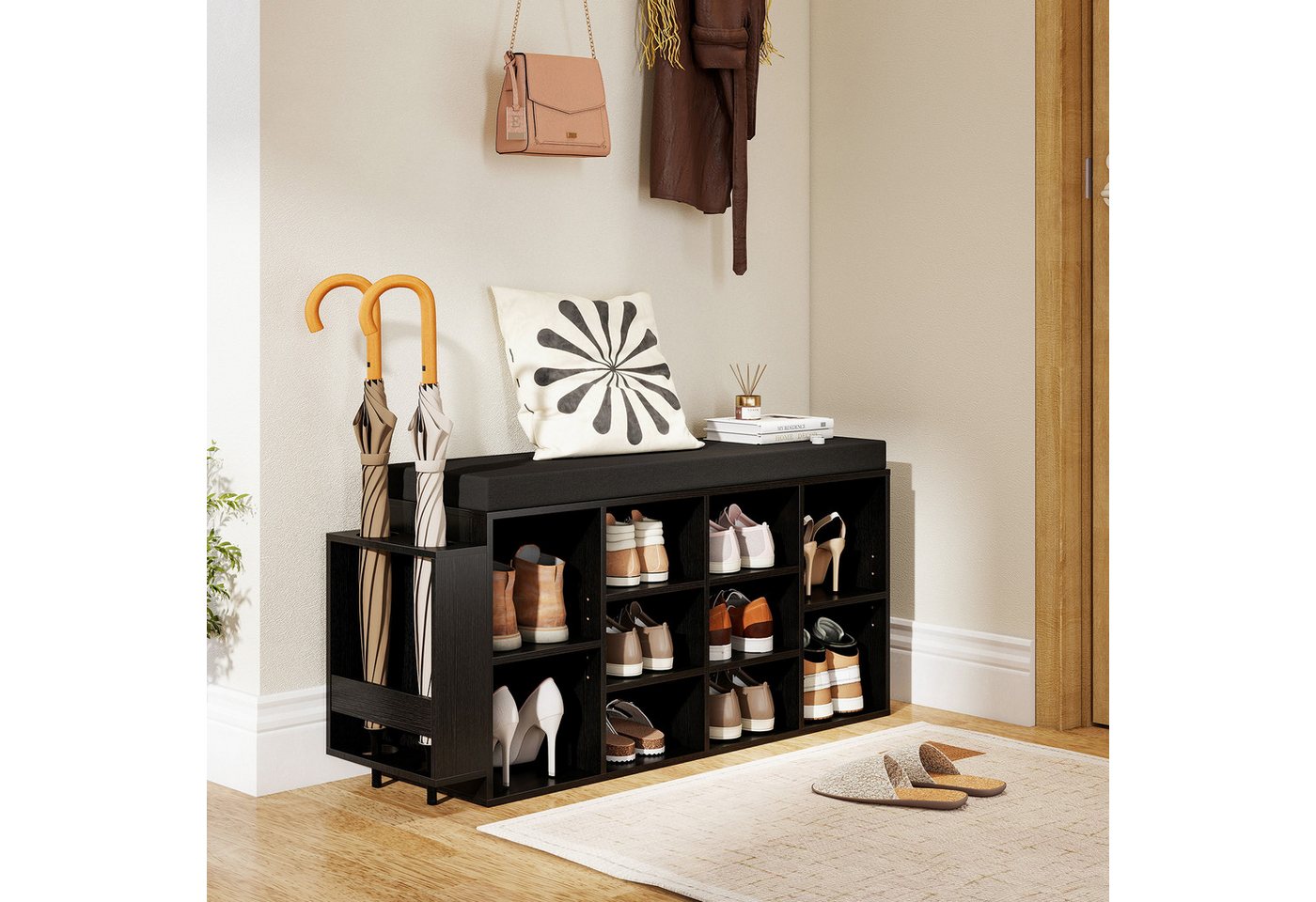 COSTWAY Schuhbank, mit Schirmhalter & gepolsterter Sitzfläche Schuhregal 110cm – Bild 2 von 5