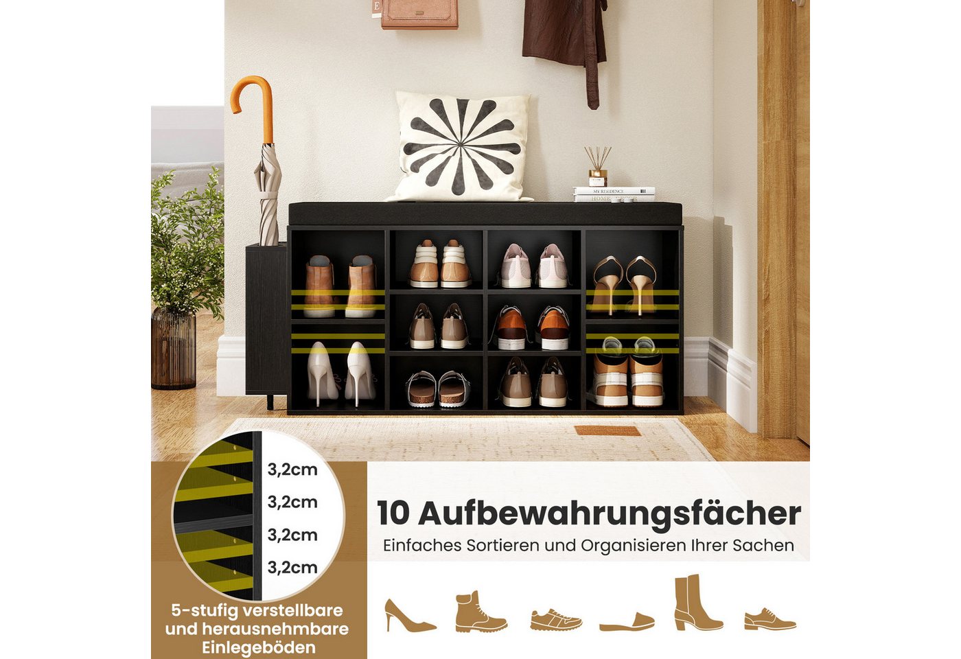 COSTWAY Schuhbank, mit Schirmhalter & gepolsterter Sitzfläche Schuhregal 110cm – Bild 3 von 5