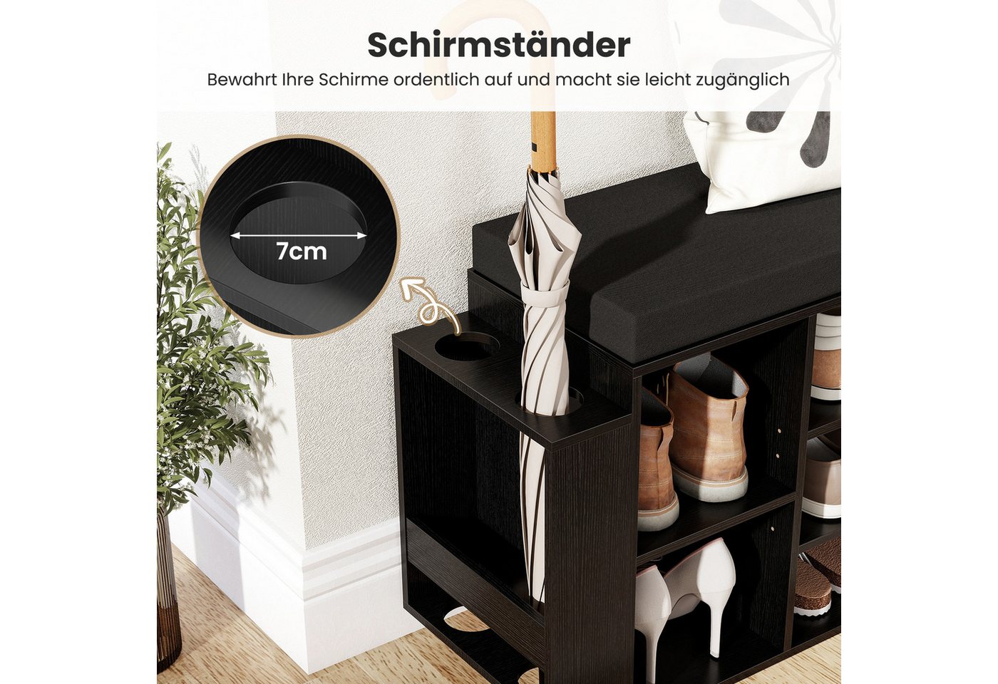 COSTWAY Schuhbank, mit Schirmhalter & gepolsterter Sitzfläche Schuhregal 110cm – Bild 4 von 5
