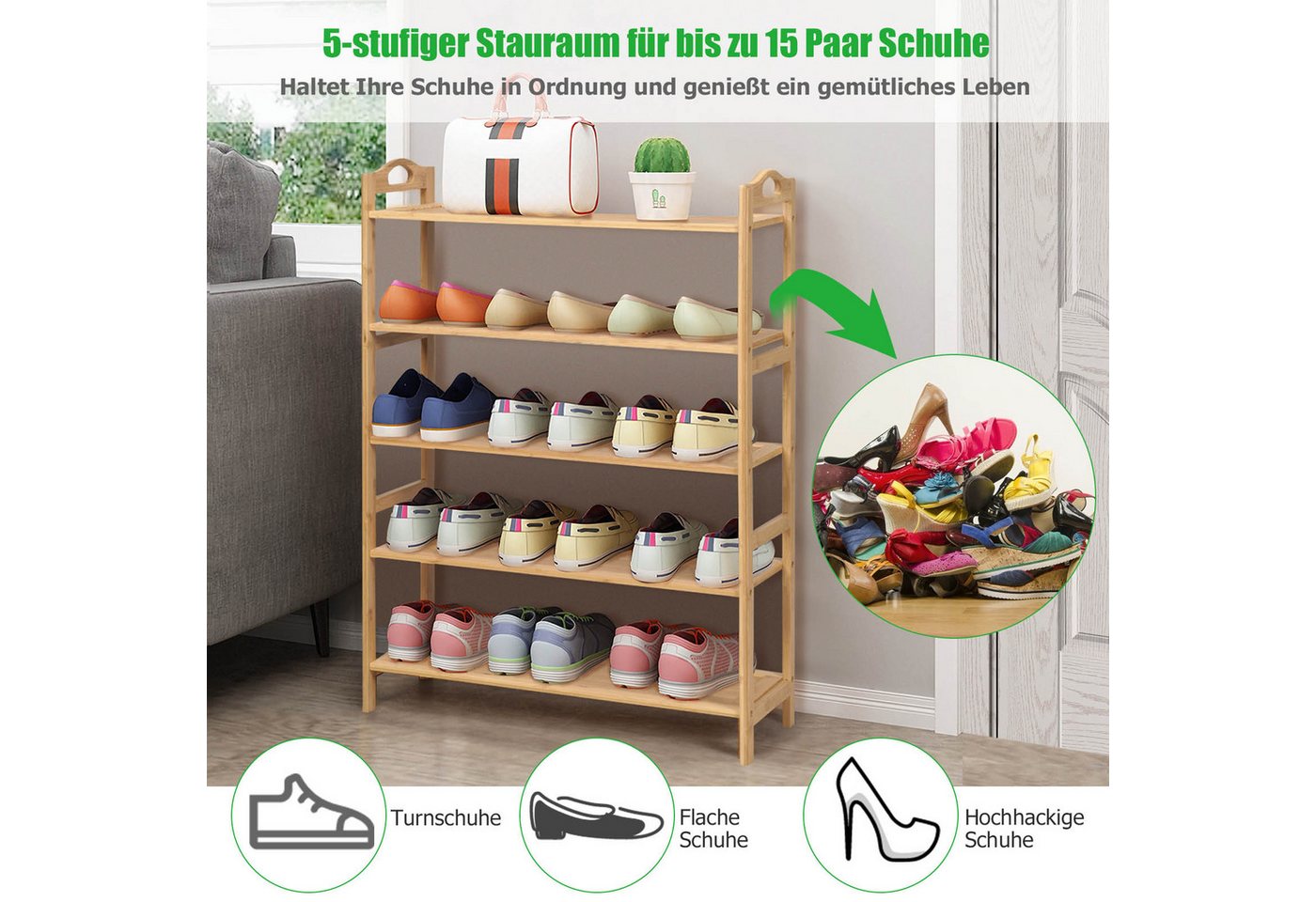 COSTWAY Schuhregal, Bambus Schuhständer für 15 Paar Schuhe 67x26,5x96,5cm – Bild 3 von 5