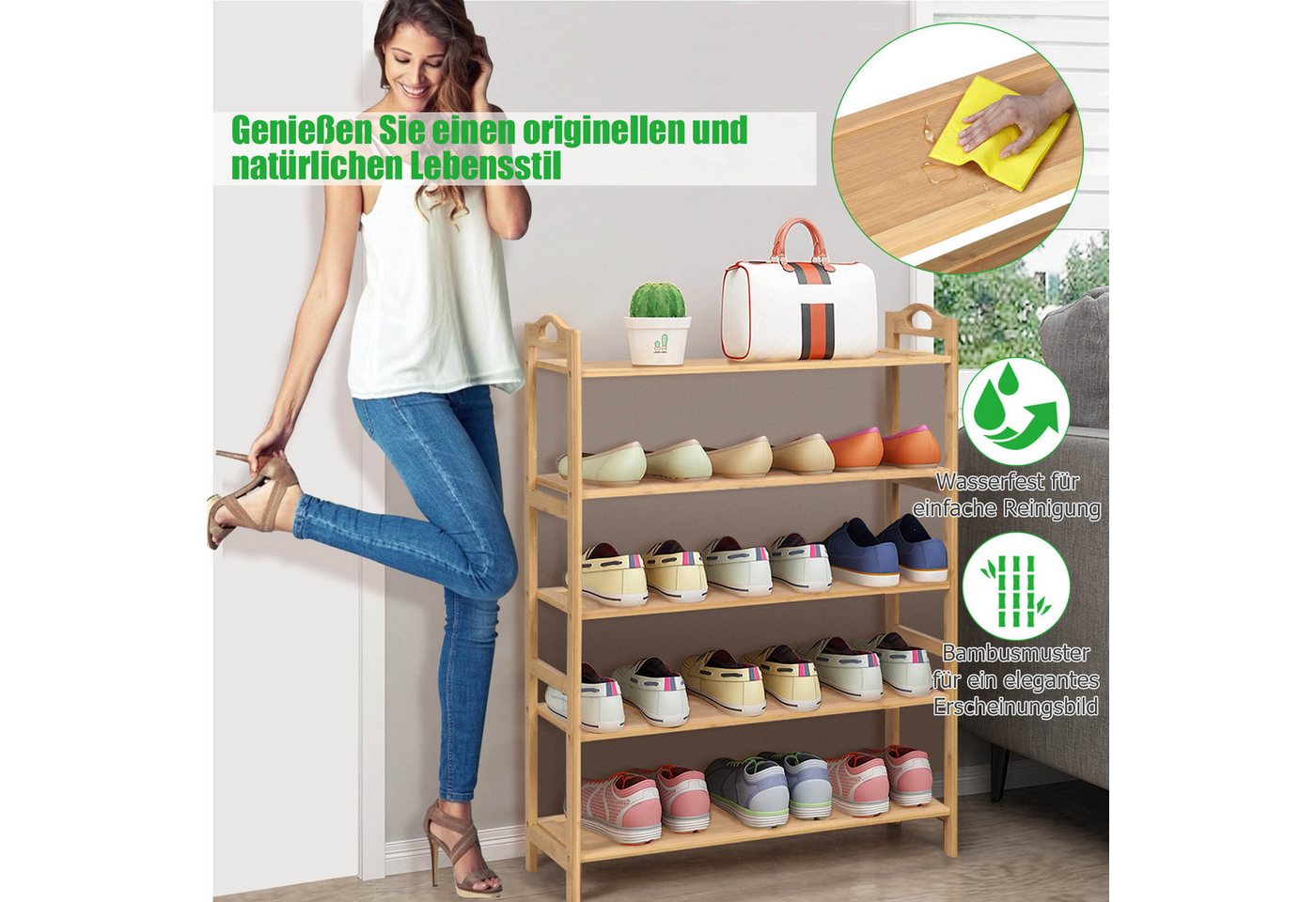 COSTWAY Schuhregal, Bambus Schuhständer für 15 Paar Schuhe 67x26,5x96,5cm – Bild 4 von 5