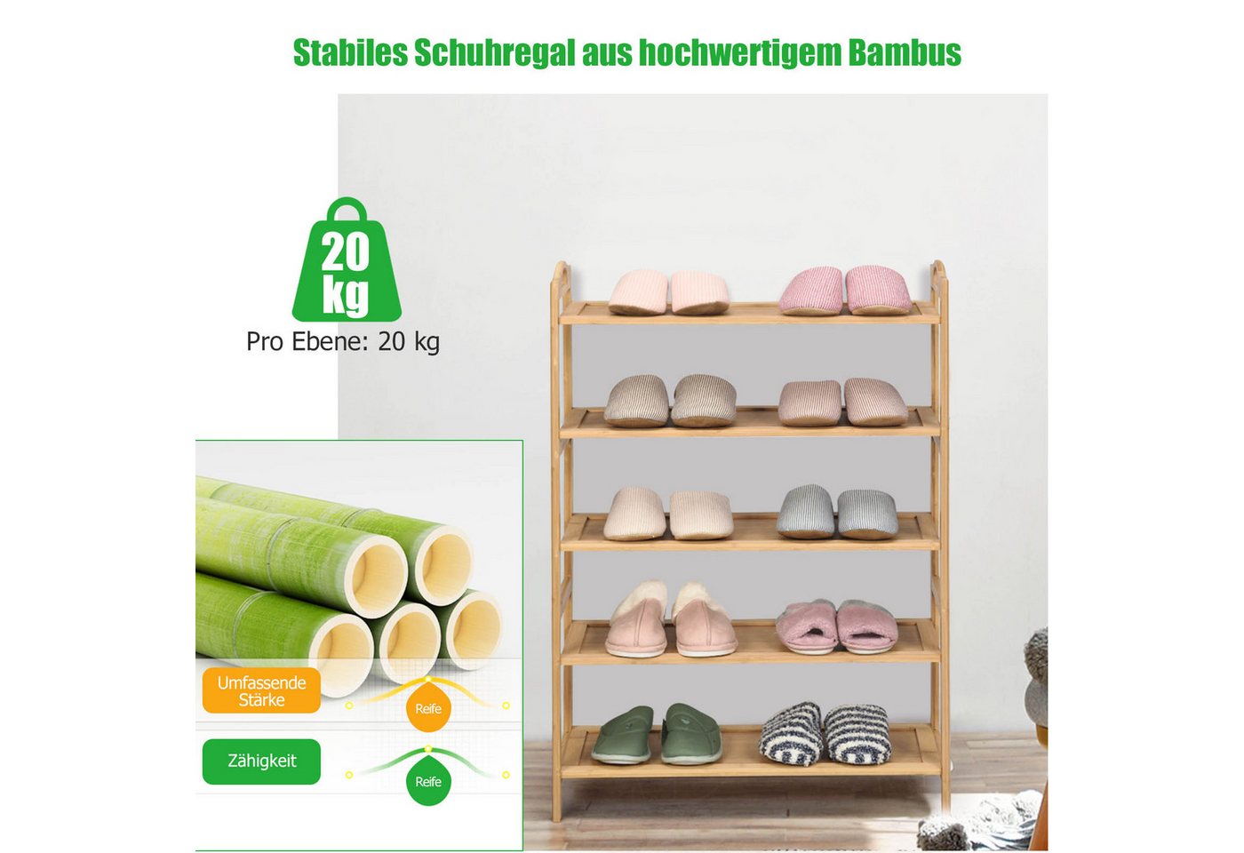 COSTWAY Schuhregal, Bambus Schuhständer für 15 Paar Schuhe 67x26,5x96,5cm – Bild 5 von 5