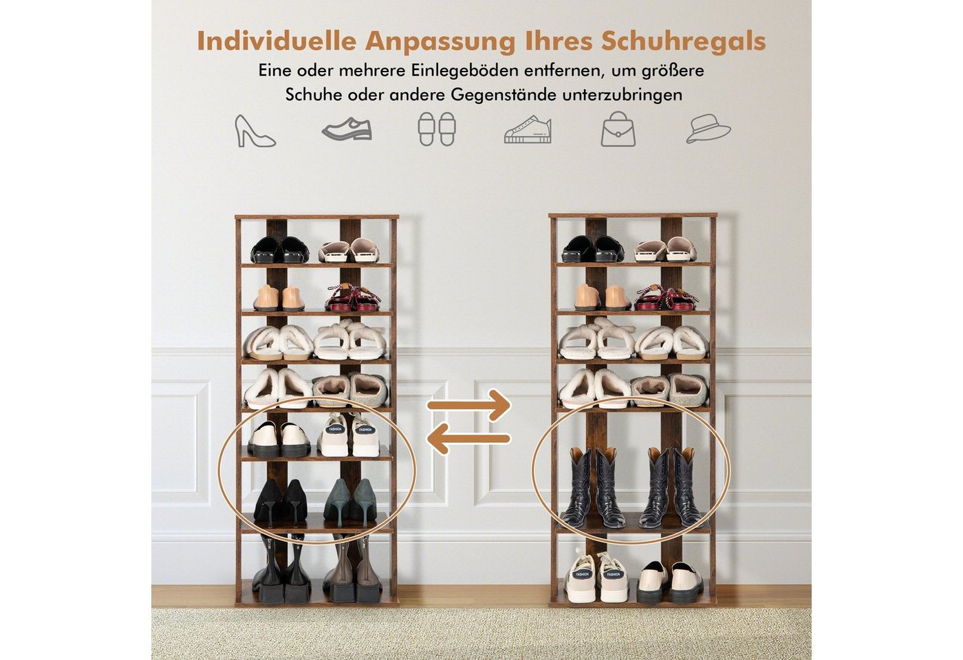 COSTWAY Schuhregal schmal 8 Ebene, mit verstellbaren Regalhöhen, 110cm, Platzsparendes Schuhregal aus Holz – Bild 3 von 5