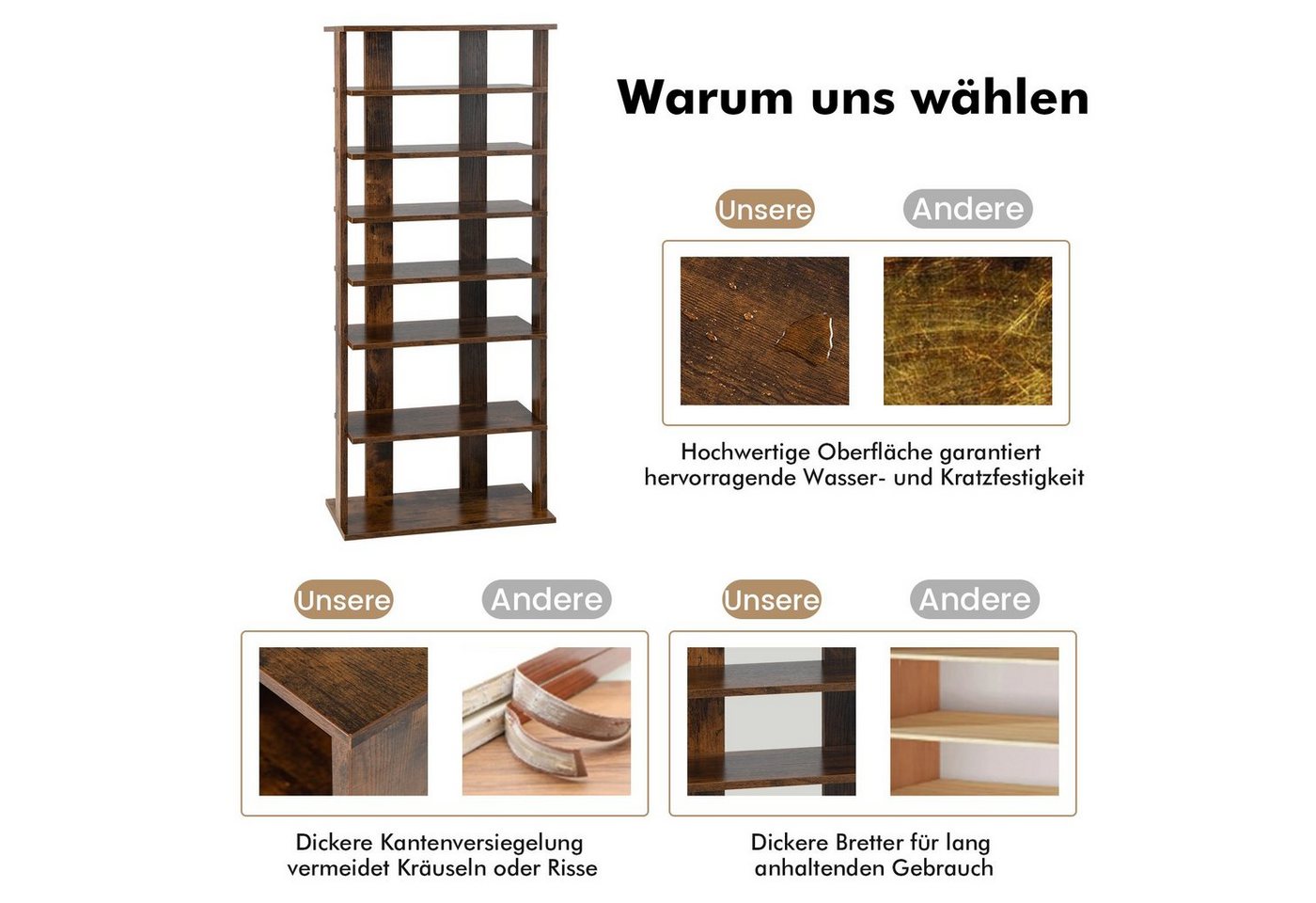 COSTWAY Schuhregal schmal 8 Ebene, mit verstellbaren Regalhöhen, 110cm, Platzsparendes Schuhregal aus Holz – Bild 4 von 5