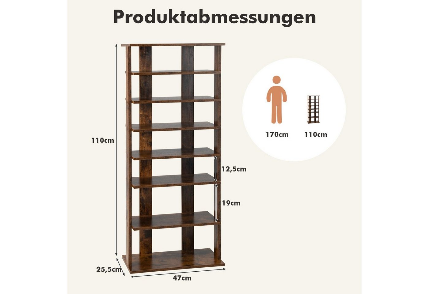 COSTWAY Schuhregal schmal 8 Ebene, mit verstellbaren Regalhöhen, 110cm, Platzsparendes Schuhregal aus Holz – Bild 5 von 5