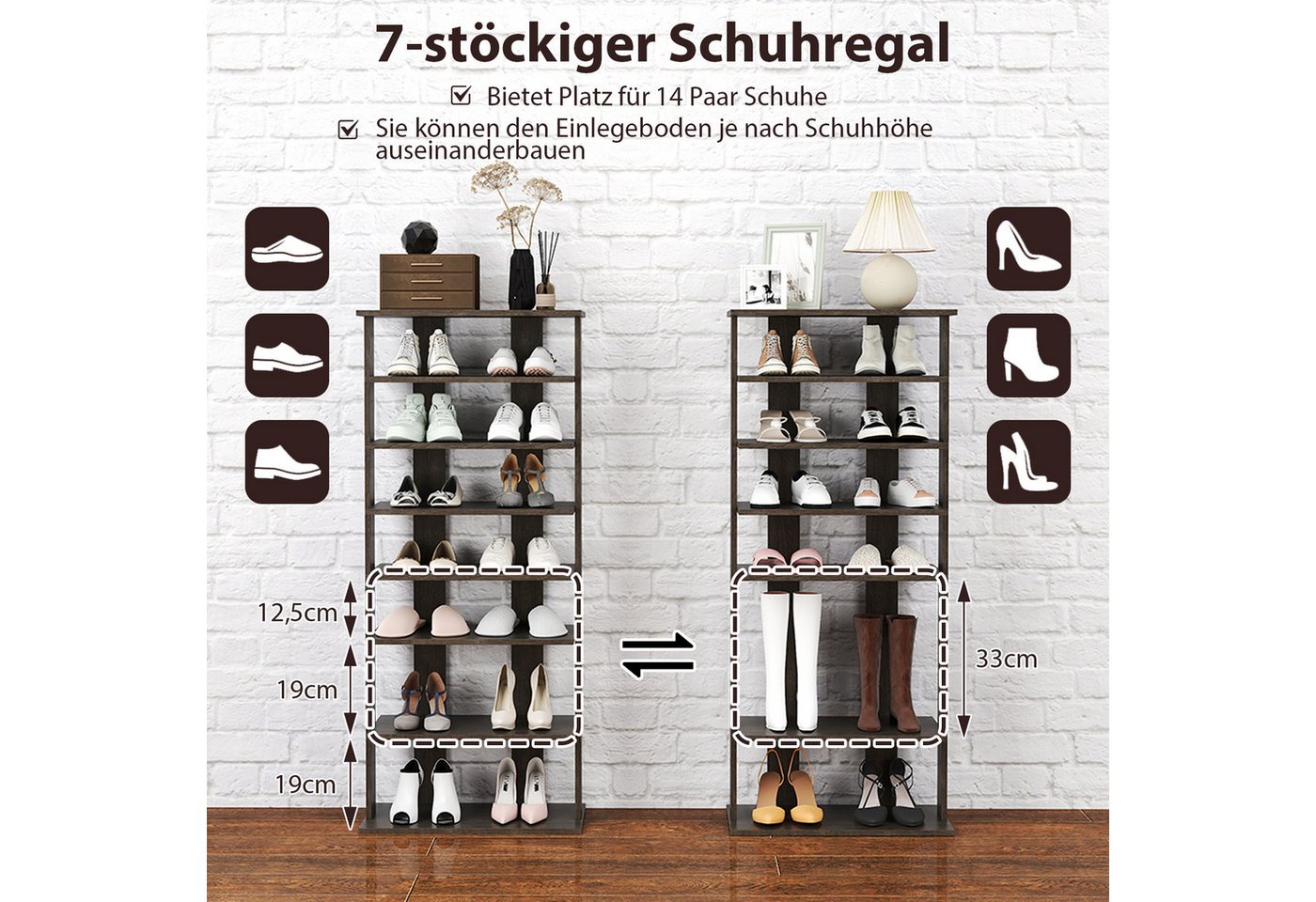 COSTWAY Schuhregal schmal 8 Ebene, mit verstellbaren Regalhöhen, 110cm, Platzsparendes Schuhregal aus Holz – Bild 2 von 5
