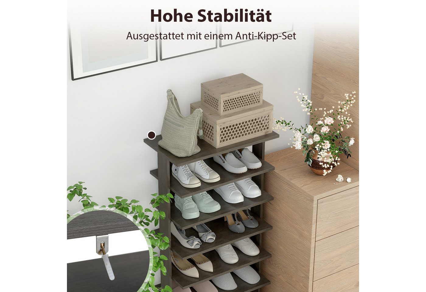 COSTWAY Schuhregal schmal 8 Ebene, mit verstellbaren Regalhöhen, 110cm, Platzsparendes Schuhregal aus Holz – Bild 3 von 5