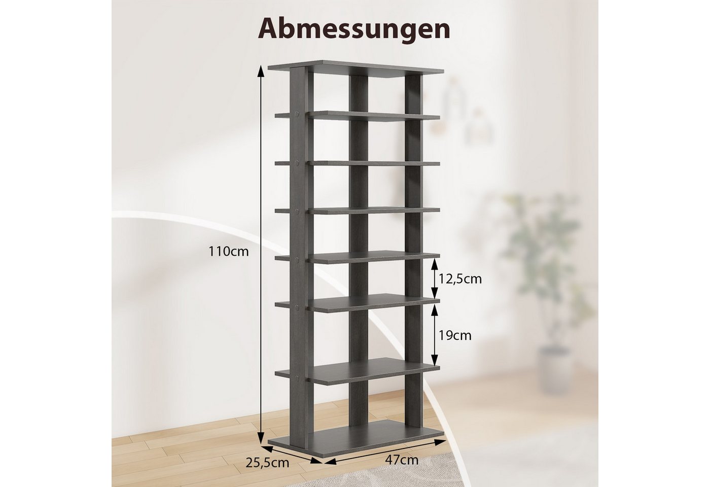COSTWAY Schuhregal schmal 8 Ebene, mit verstellbaren Regalhöhen, 110cm, Platzsparendes Schuhregal aus Holz – Bild 5 von 5