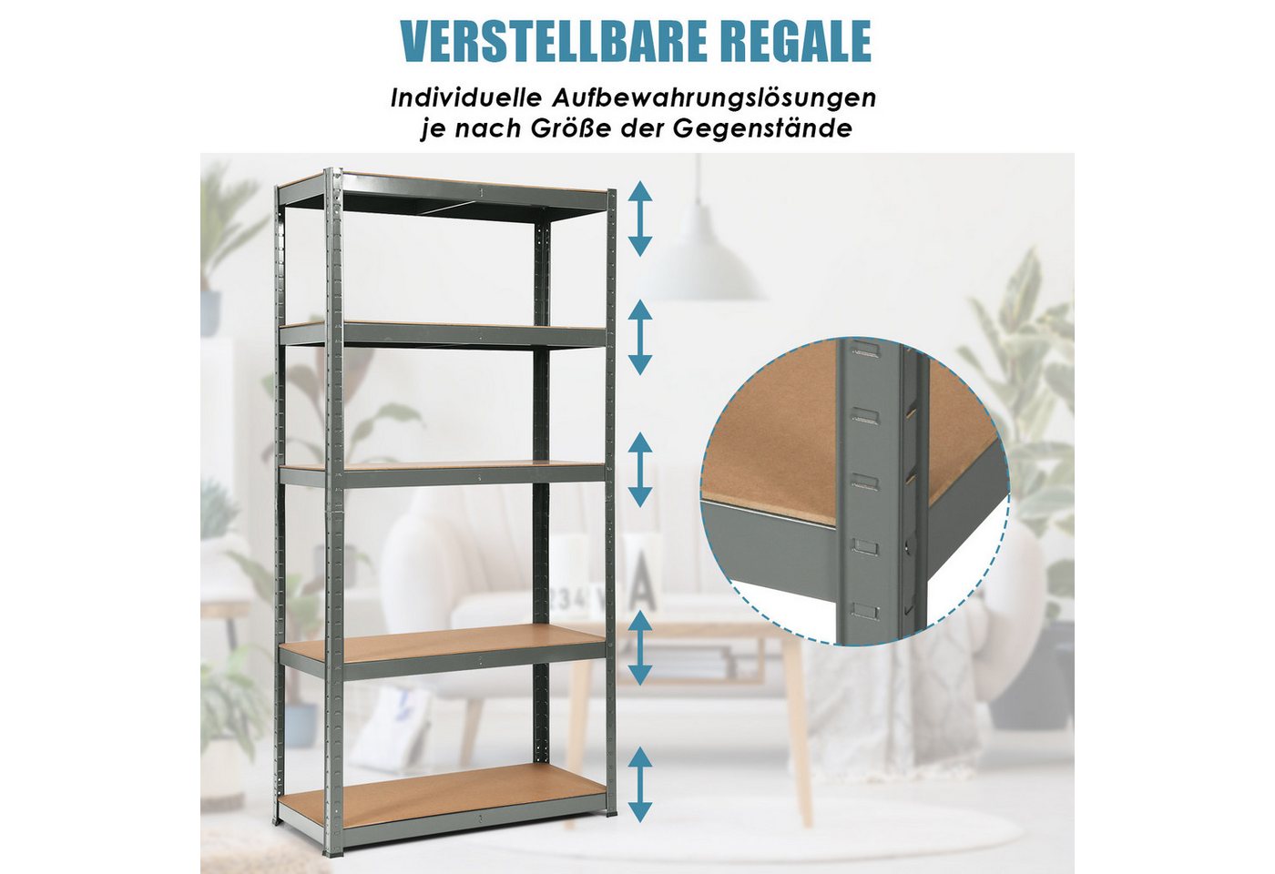 COSTWAY Schwerlastregal, 5 Ebenen, bis 175kg pro Ebenen 180x90x40cm Grau – Bild 5 von 5
