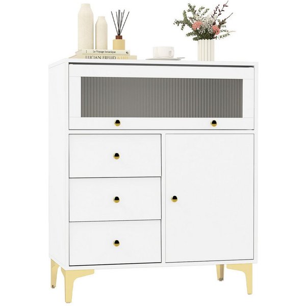 COSTWAY Sideboard, mit 3 Schubladen, Glastür, verstellbaren Regal, weiß