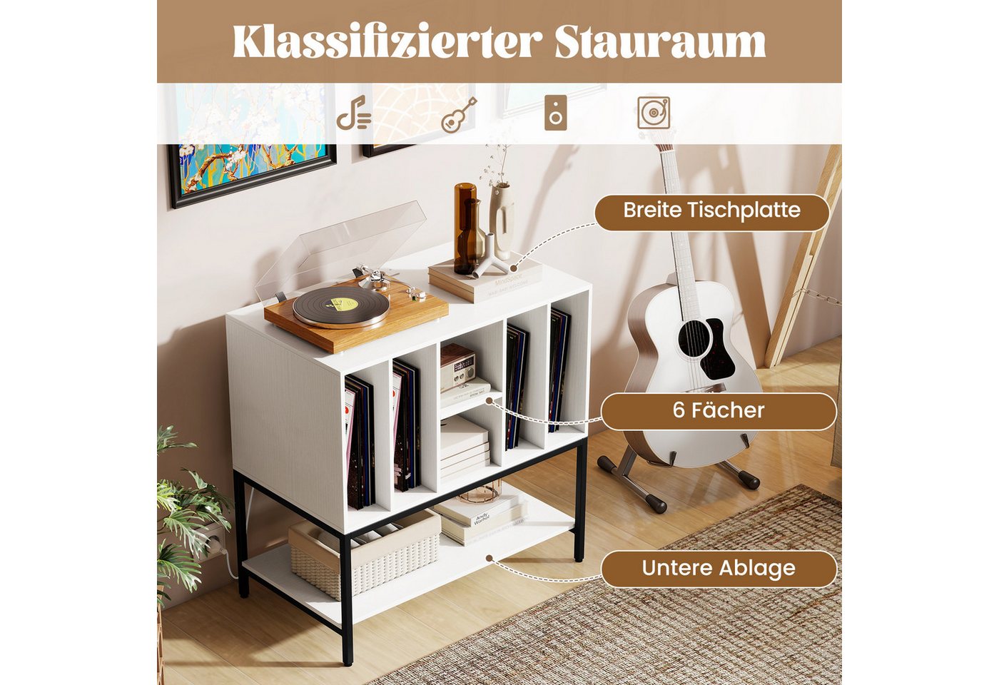 COSTWAY Sideboard, Plattenspielerständer mit Ladestation Beistellschrank – Bild 3 von 5