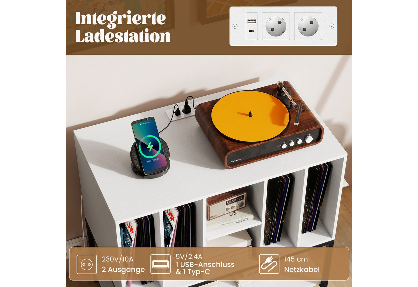 COSTWAY Sideboard, Plattenspielerständer mit Ladestation Beistellschrank – Bild 4 von 5