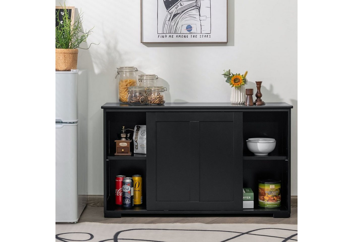 COSTWAY Sideboard, mit Schiebetüren, höhenverstellbarer Ablage, 107x33x60cm – Bild 2 von 5