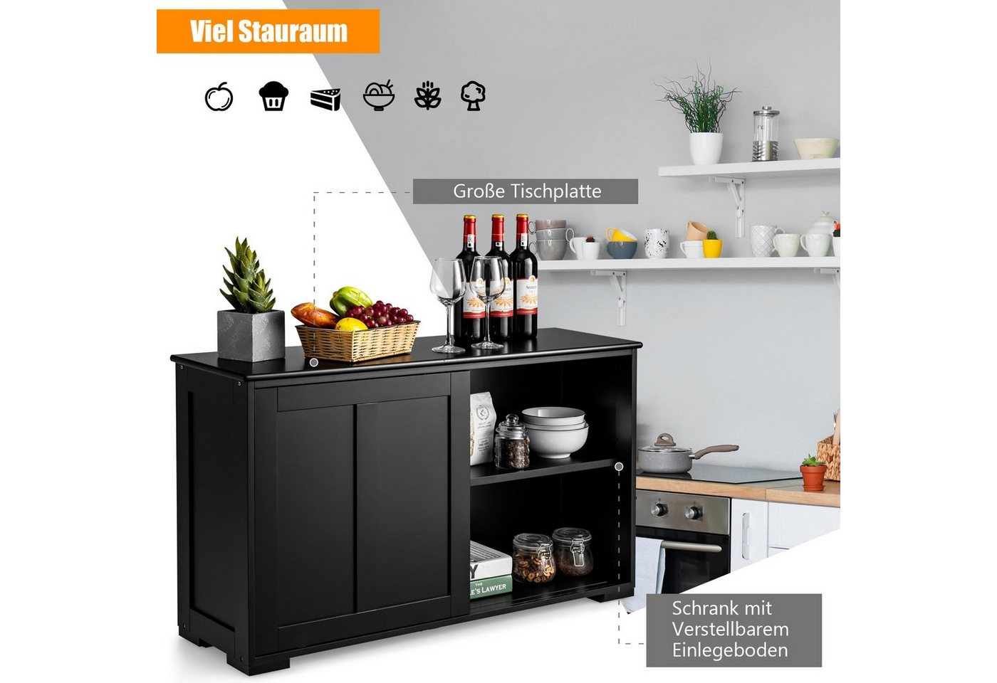 COSTWAY Sideboard, mit Schiebetüren, höhenverstellbarer Ablage, 107x33x60cm – Bild 3 von 5