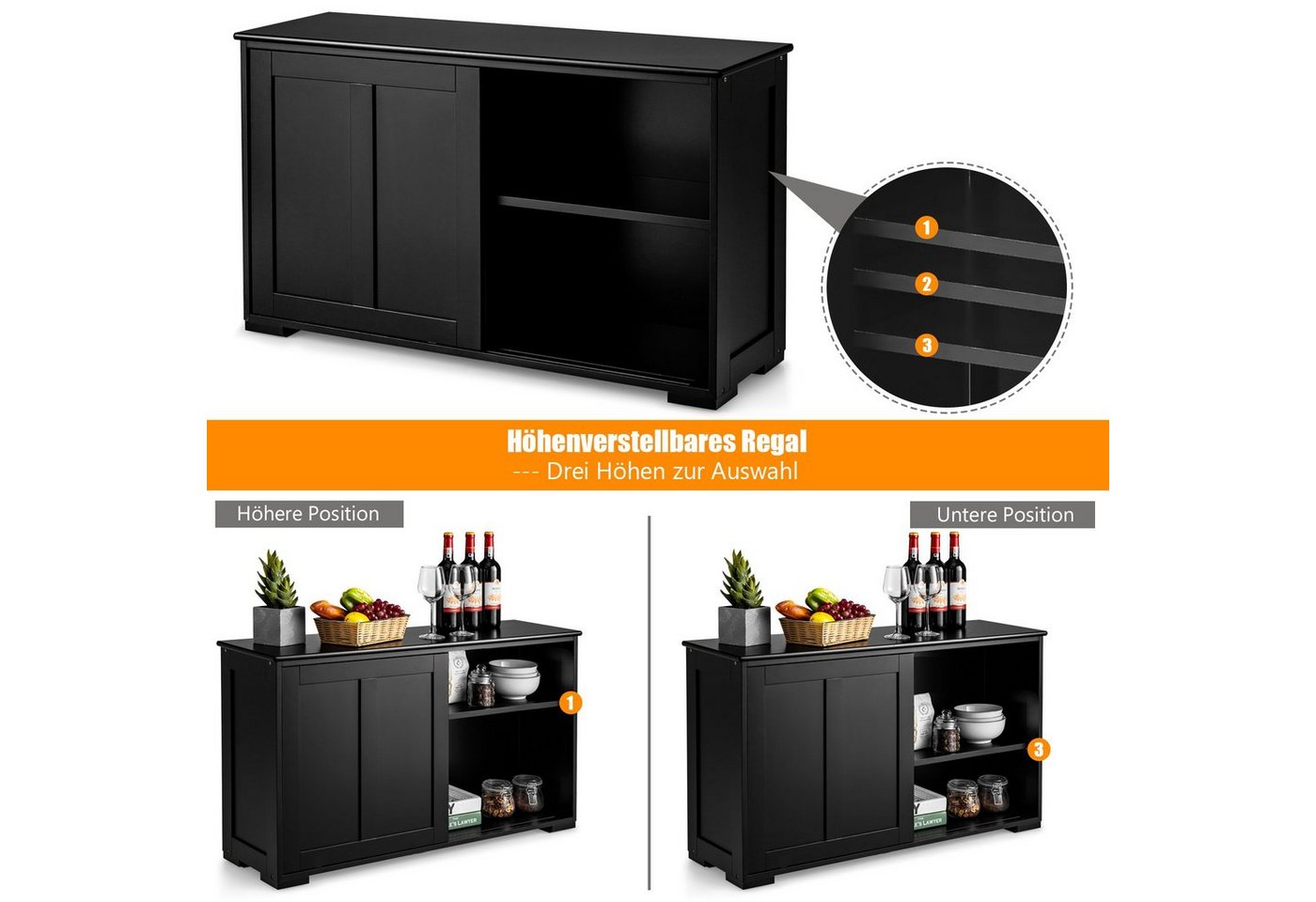 COSTWAY Sideboard, mit Schiebetüren, höhenverstellbarer Ablage, 107x33x60cm – Bild 4 von 5