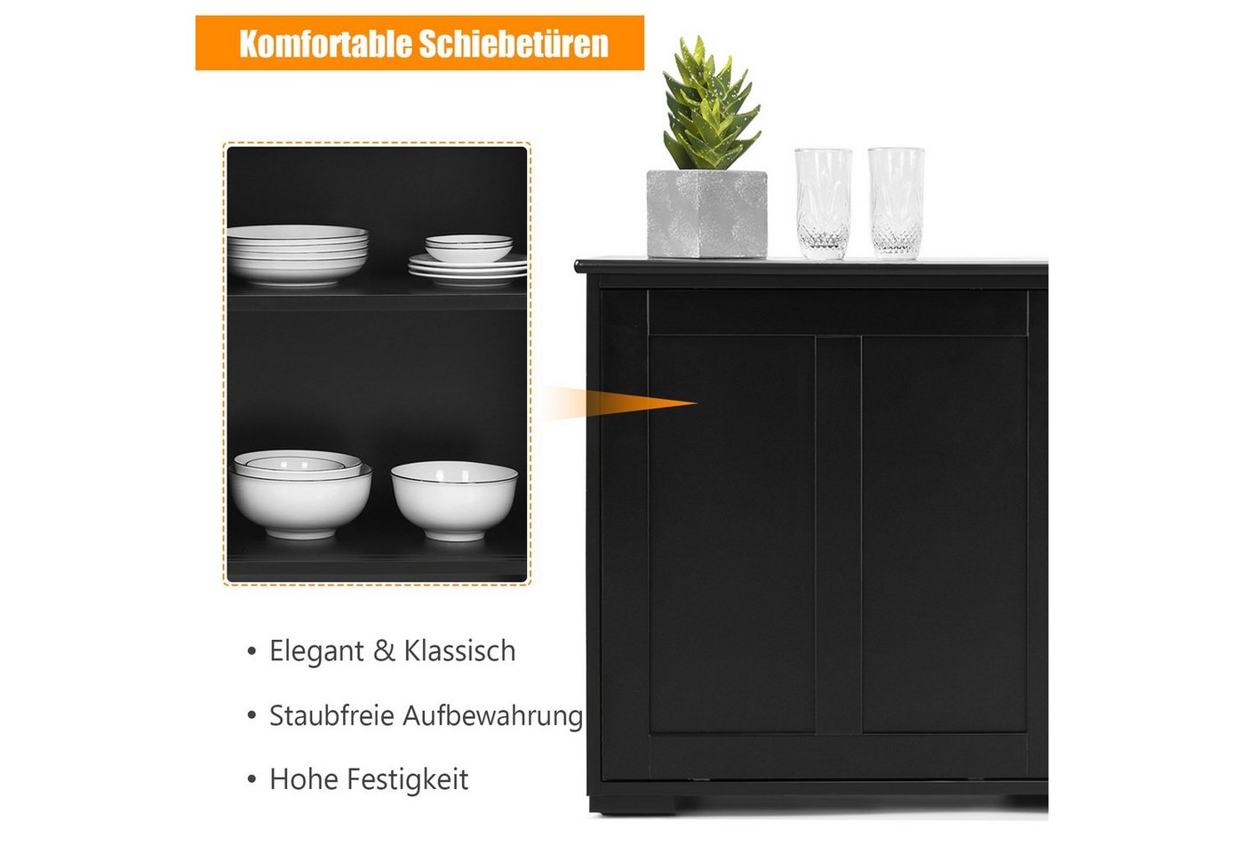 COSTWAY Sideboard, mit Schiebetüren, höhenverstellbarer Ablage, 107x33x60cm – Bild 5 von 5