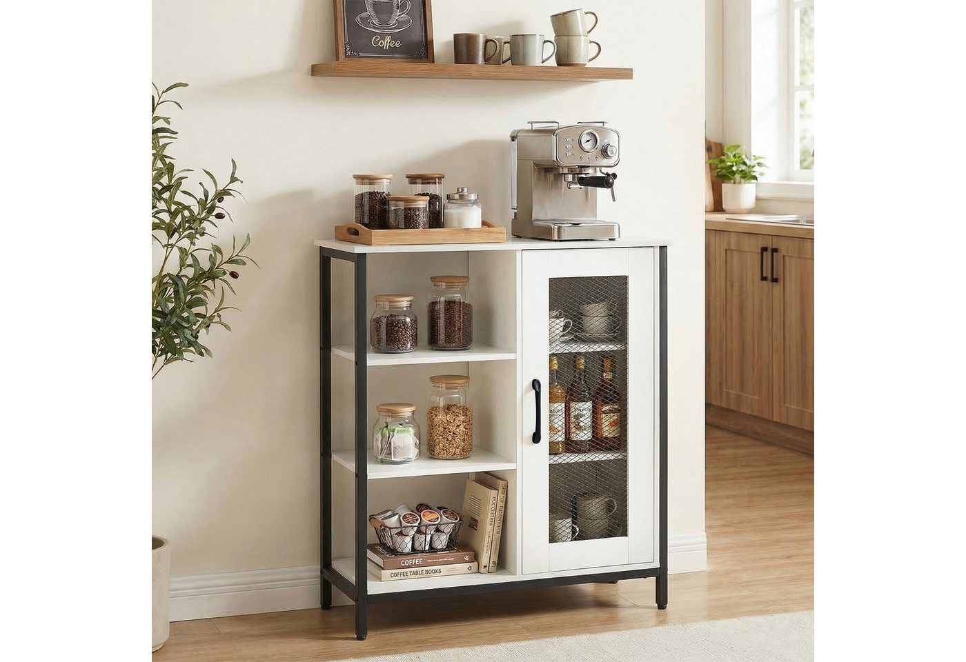 COSTWAY Sideboard Küchenbuffet mit Tür, offenen Ablagen, Anrichteschrank – Bild 2 von 5