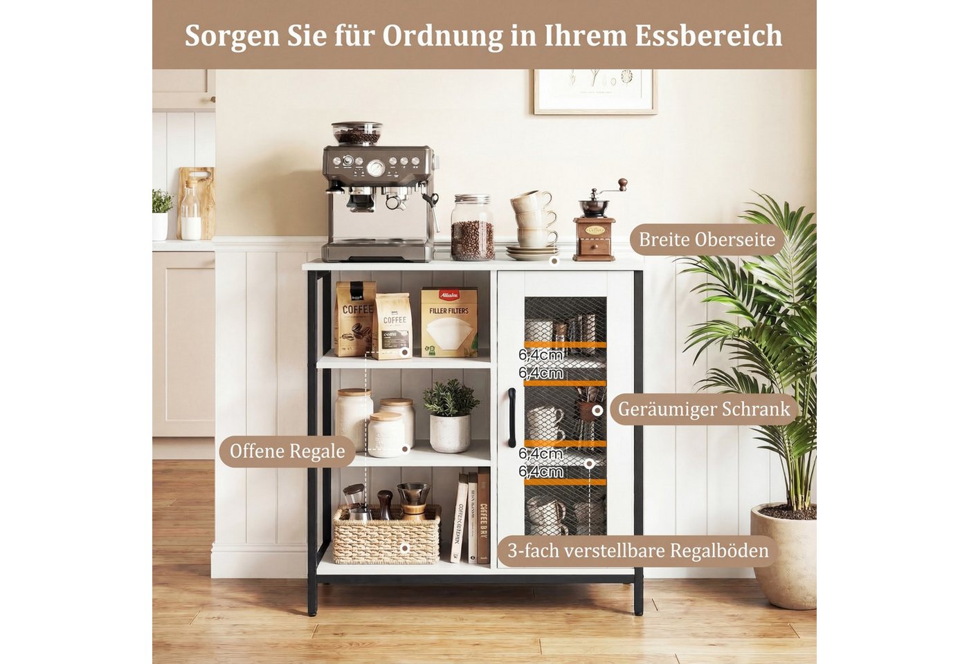 COSTWAY Sideboard Küchenbuffet mit Tür, offenen Ablagen, Anrichteschrank – Bild 3 von 5