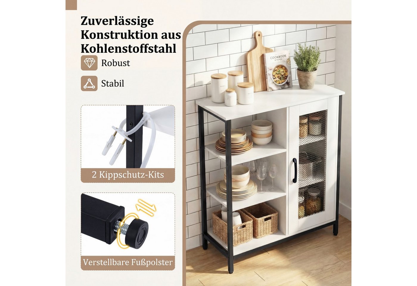 COSTWAY Sideboard Küchenbuffet mit Tür, offenen Ablagen, Anrichteschrank – Bild 4 von 5