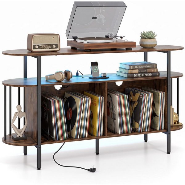 COSTWAY Sideboard Plattenspieler Regal mit Steckdose & LED, Plattenspieler-Ständer