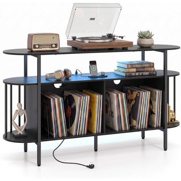 COSTWAY Sideboard Plattenspieler Regal mit Steckdose & LED, Plattenspieler-Ständer