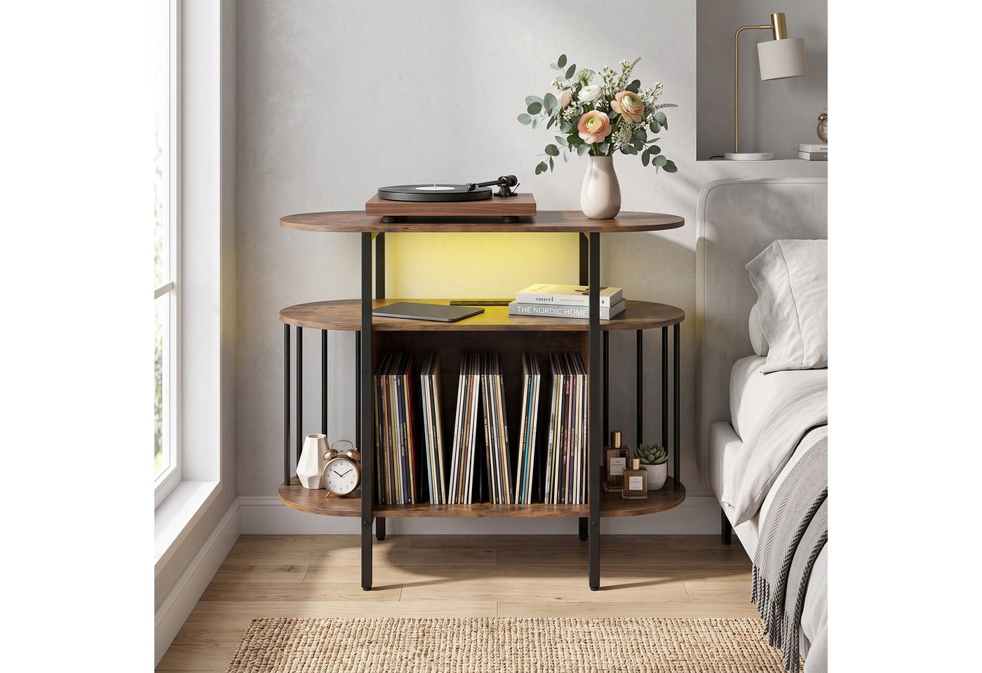 COSTWAY Sideboard Plattenspieler-Ständer mit LED, Ladestation, Schallplattenständer – Bild 2 von 5
