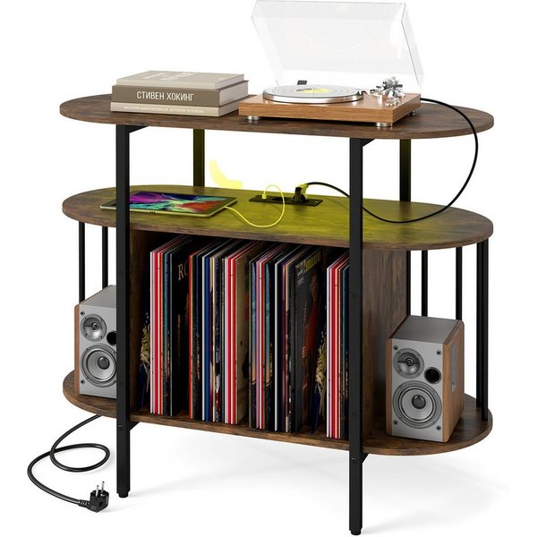 COSTWAY Sideboard Plattenspieler-Ständer mit LED, Ladestation, Schallplattenständer