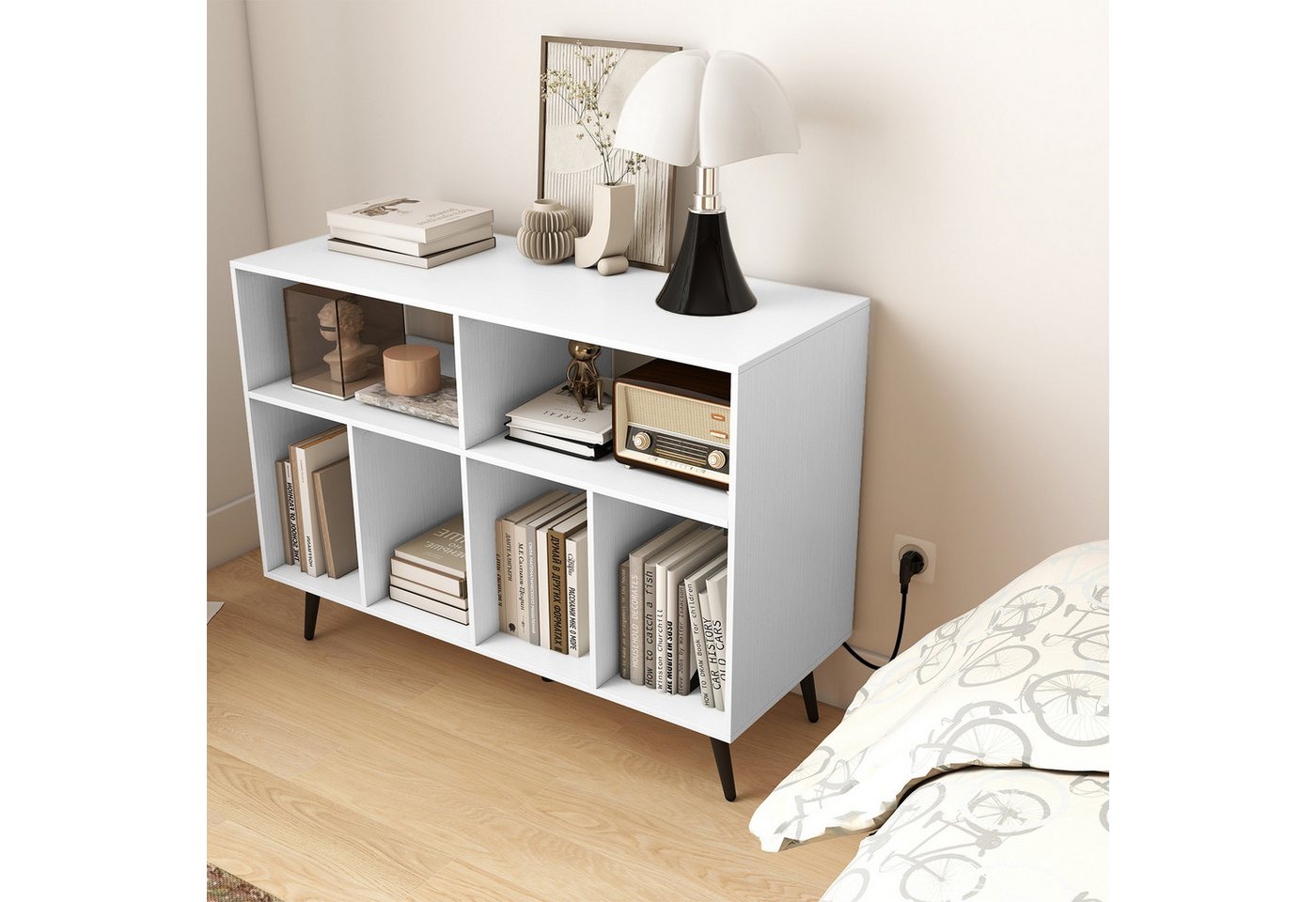 COSTWAY Sideboard Plattenspielerständer Holz, mit Ladestation, 100x40x74,5cm – Bild 2 von 5