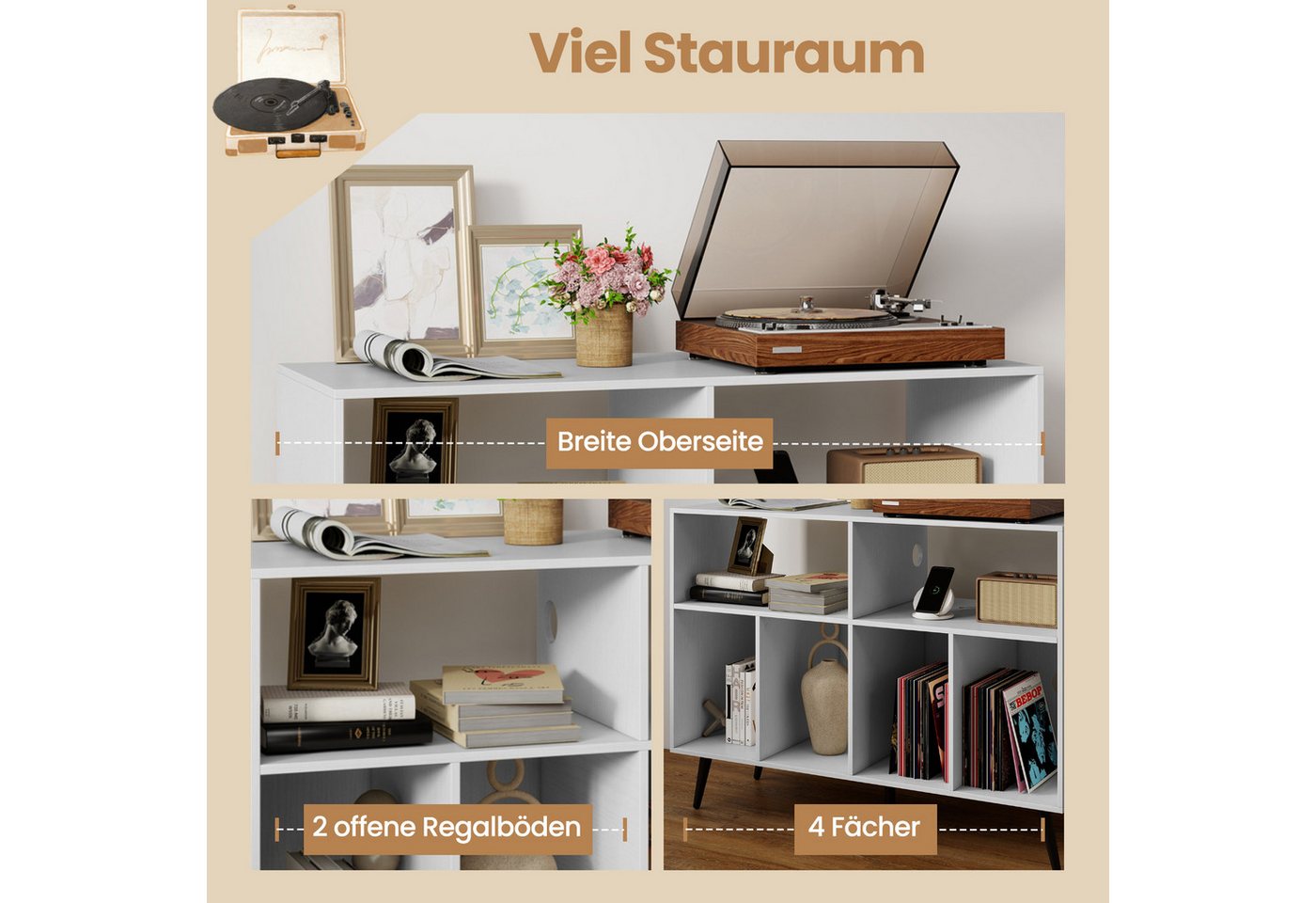 COSTWAY Sideboard Plattenspielerständer Holz, mit Ladestation, 100x40x74,5cm – Bild 3 von 5