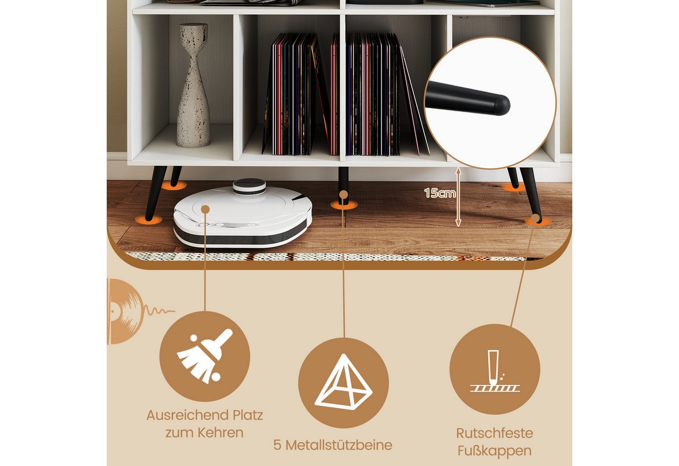 COSTWAY Sideboard Plattenspielerständer Holz, mit Ladestation, 100x40x74,5cm – Bild 4 von 5