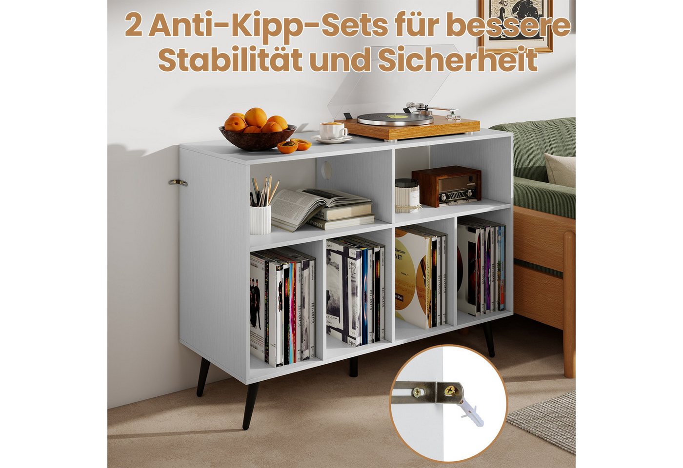 COSTWAY Sideboard Plattenspielerständer Holz, mit Ladestation, 100x40x74,5cm – Bild 5 von 5