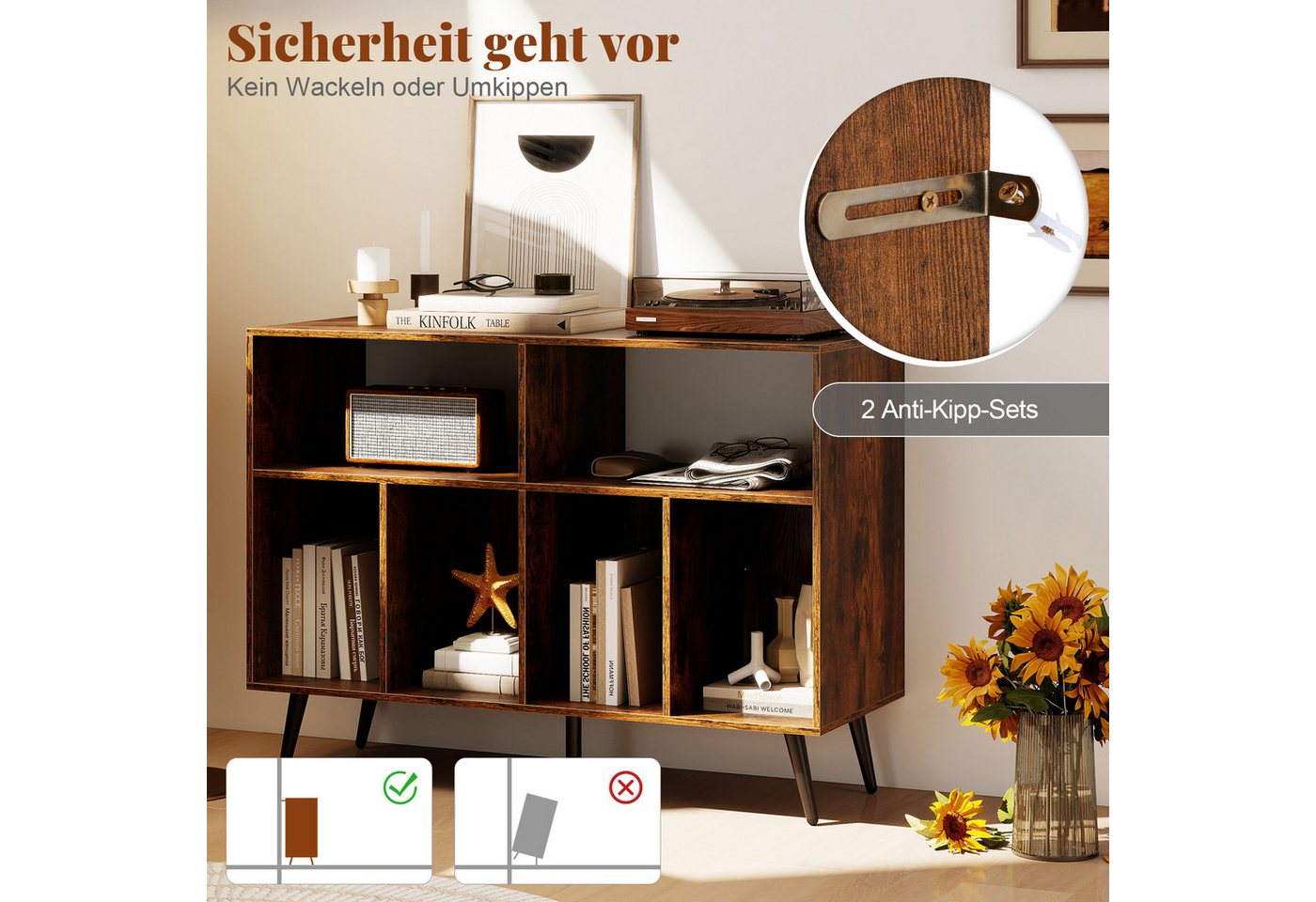 COSTWAY Sideboard Plattenspielerständer Holz, 100x40x74,5cm – Bild 5 von 5