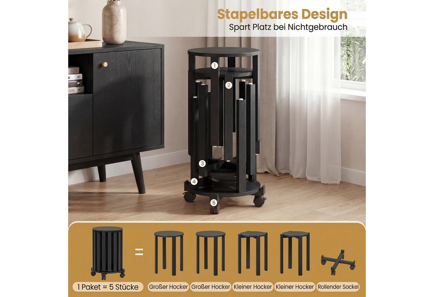 COSTWAY Sitzhocker (Stuhlset, 4 St., 4er Set), Esszimmerhocker stapelbar mit Rollen platzsparend rund – Bild 2 von 5
