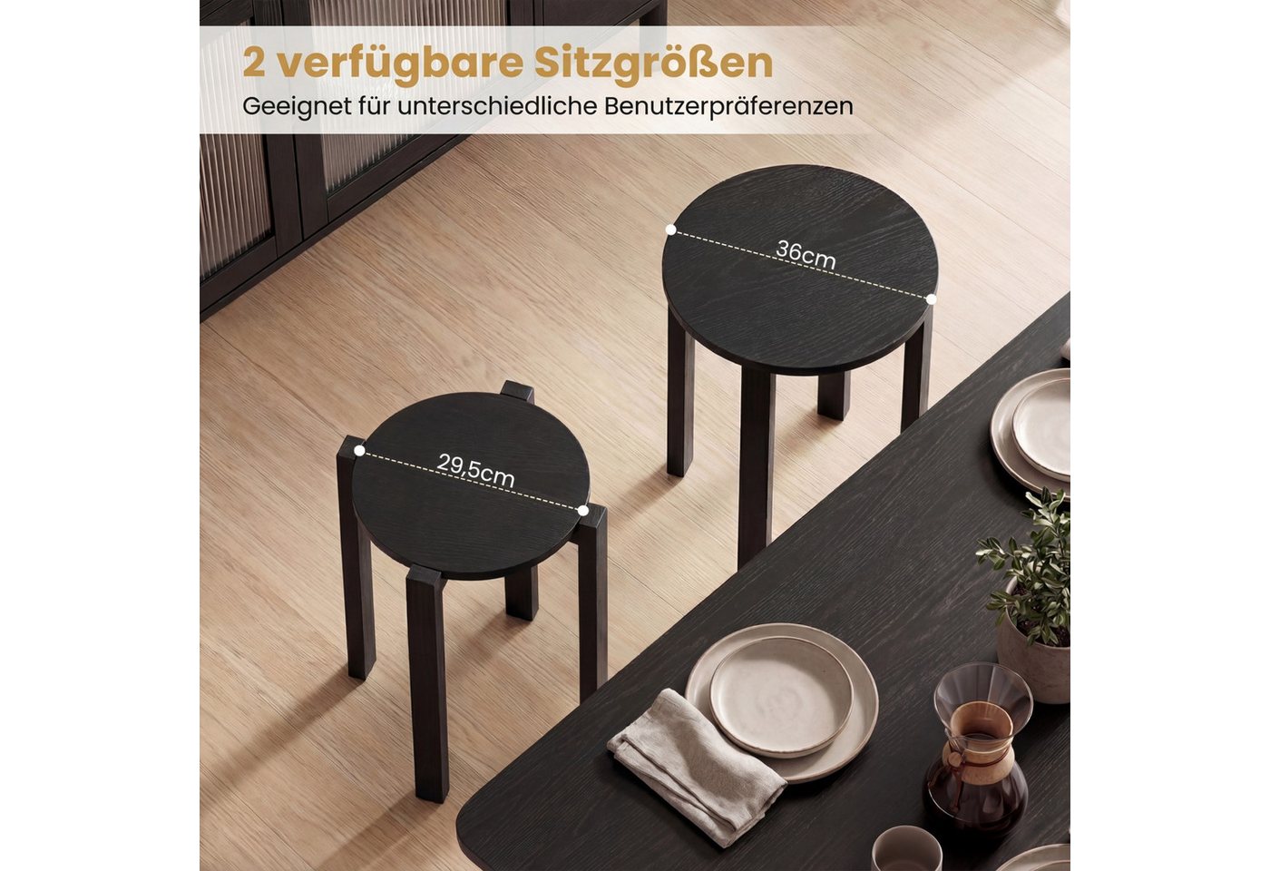 COSTWAY Sitzhocker (Stuhlset, 4 St., 4er Set), Esszimmerhocker stapelbar mit Rollen platzsparend rund – Bild 3 von 5