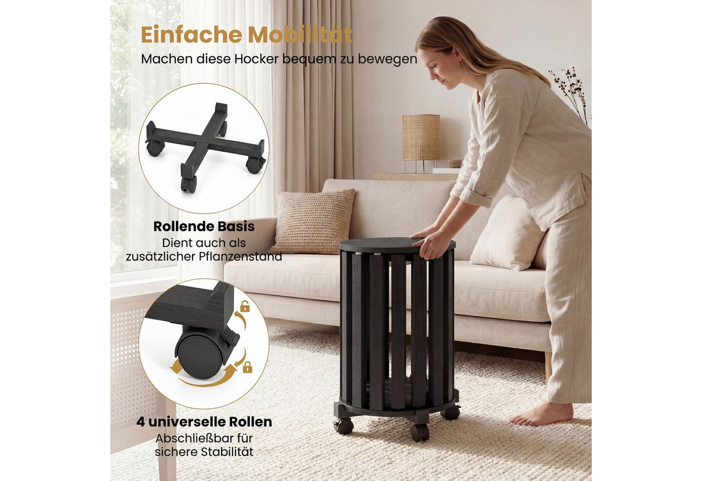COSTWAY Sitzhocker (Stuhlset, 4 St., 4er Set), Esszimmerhocker stapelbar mit Rollen platzsparend rund – Bild 4 von 5