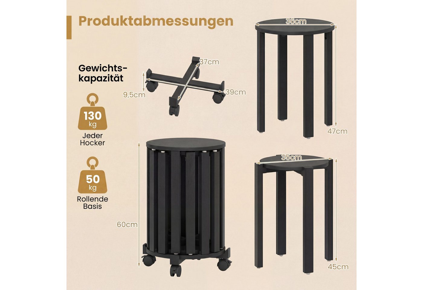 COSTWAY Sitzhocker (Stuhlset, 4 St., 4er Set), Esszimmerhocker stapelbar mit Rollen platzsparend rund – Bild 5 von 5