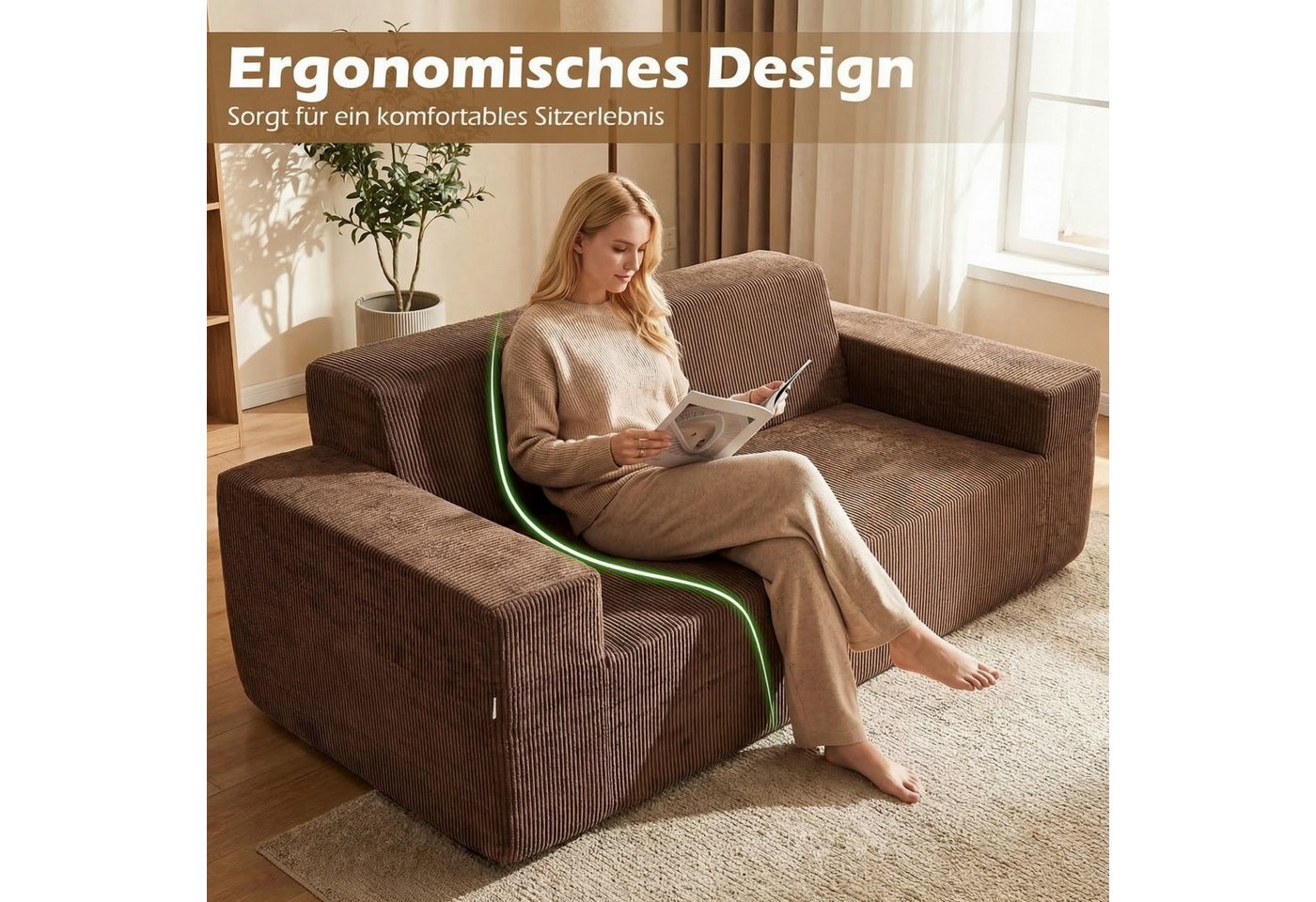 COSTWAY Sofa 3-Sitzer Sofa Cordcouch Bodensofa gepolstert 197cm – Bild 4 von 5