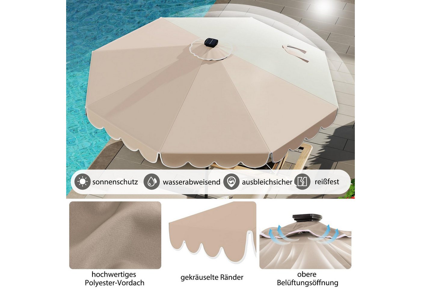 COSTWAY Sonnenschirm, LxB: 3x3 cm, mit 24LED & Kurbel, neigbar – Bild 3 von 5