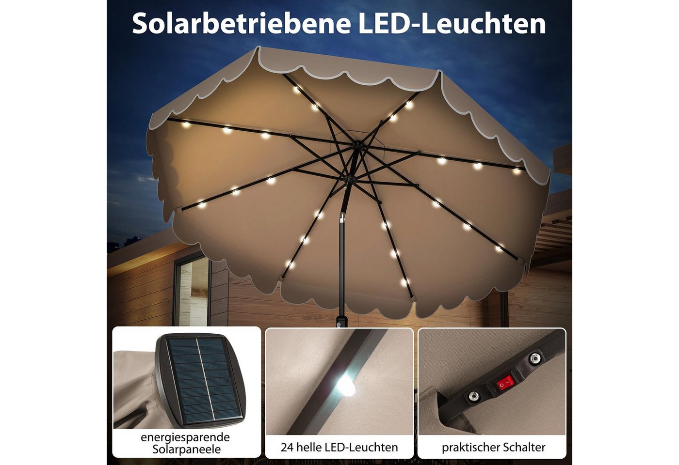 COSTWAY Sonnenschirm, LxB: 3x3 cm, mit 24LED & Kurbel, neigbar – Bild 4 von 5