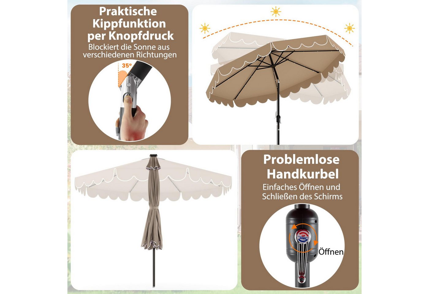 COSTWAY Sonnenschirm, LxB: 3x3 cm, mit 24LED & Kurbel, neigbar – Bild 5 von 5