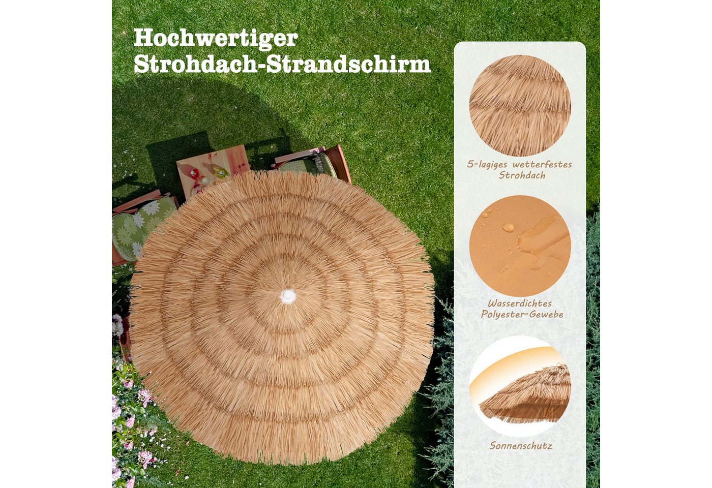 COSTWAY Sonnenschirm, Ø175cm Hawaii Strandschirm höhenverstellbar & neigbar – Bild 2 von 5